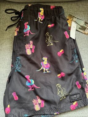 Ron Jon Black Swim Trunks with Neon Dinosaur & Pineapple Print